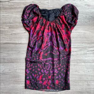 Alexander Mcqueen McQ Silk Party Dress Black With Purple/Red Graphic Print SZ 4